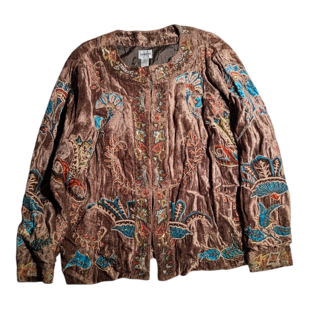 Vtg 1990s Chico's Brown Velvet Boho Embroidered Beaded Hook Closure Jacket 1 M